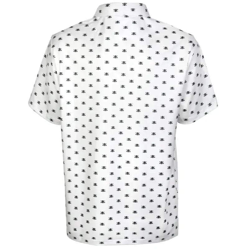 Back view of the Micro Skull Cool-Stretch Men's Golf Shirt featuring a subtle skull pattern in white.