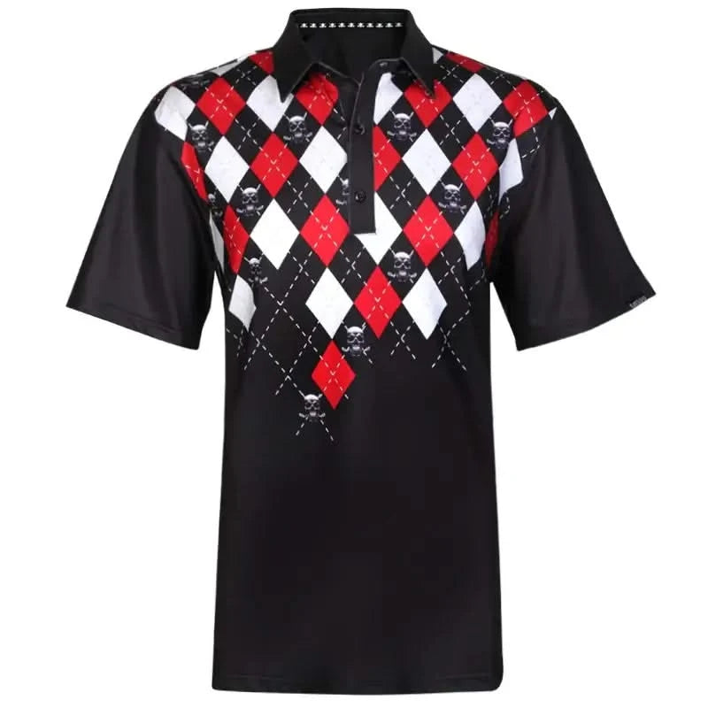 A black men's golf shirt with a checkered argyle pattern in red and white, featuring skull and club designs on the front and back.
