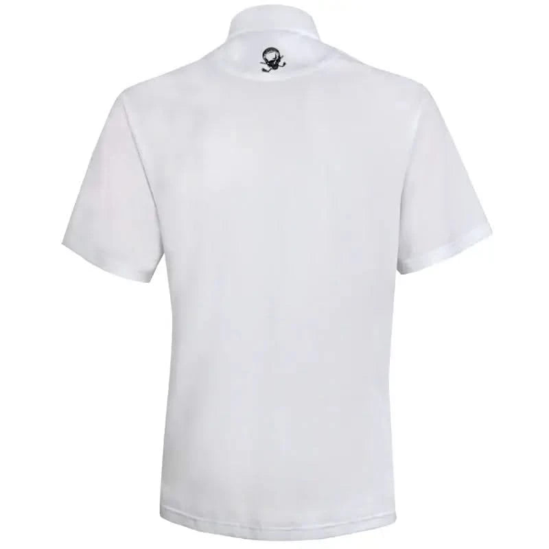 Tattoo Golf OB Performance golf polo in white, shown from the back in a product view.