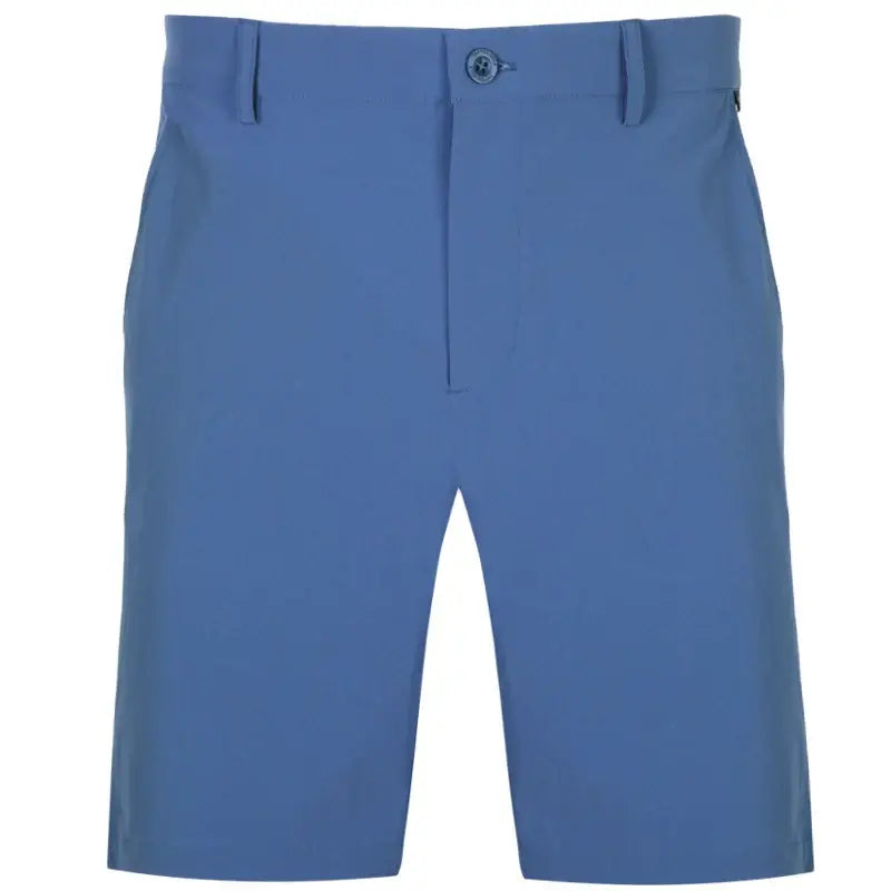 A pair of men's golf shorts in blue color with a button closure and a subtle skull design on the waistband.