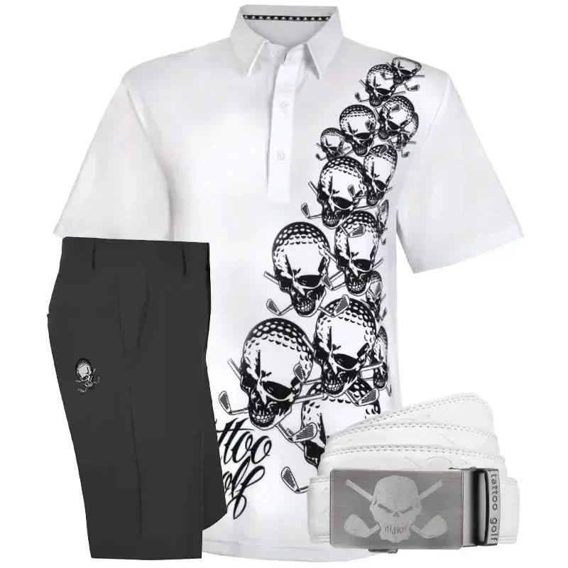 White polo shirt, black pants, and white belt with skull buckle
