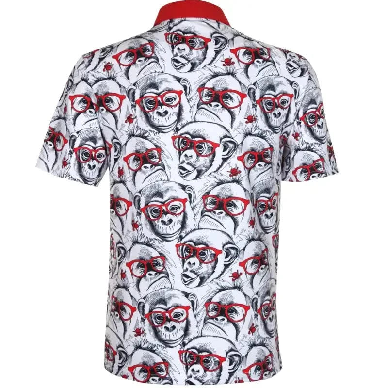 Short-sleeve golf shirt with monkey pattern and red accents