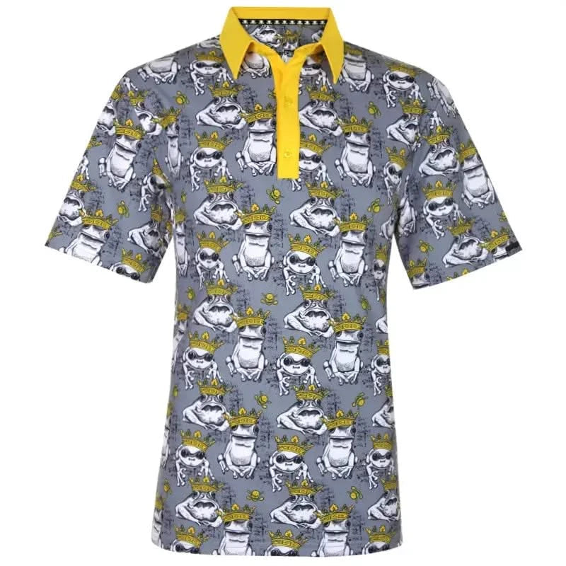 Short-sleeve shirt with frog pattern and yellow collar