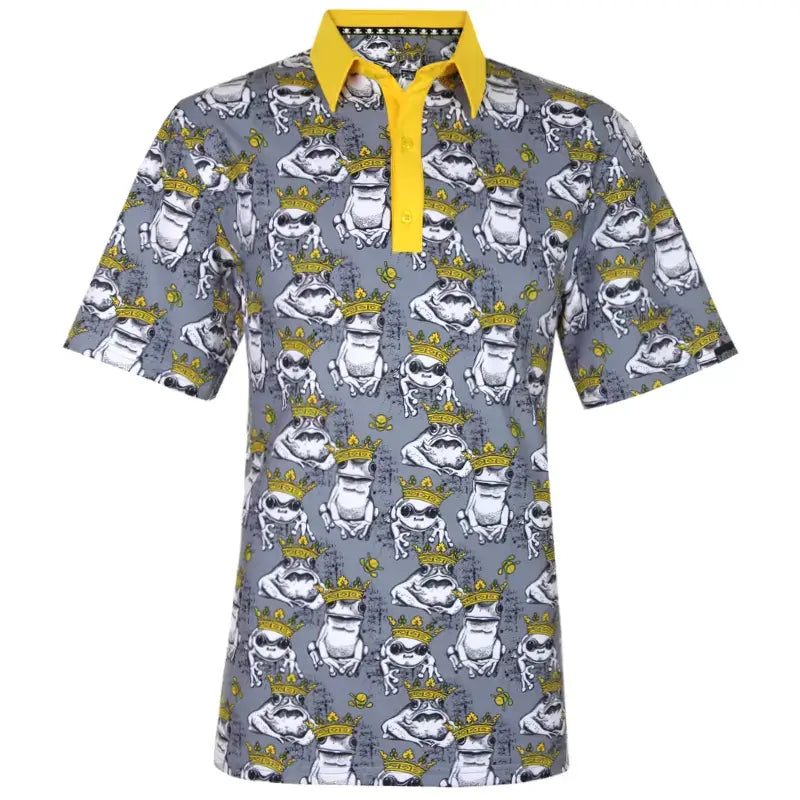 Short-sleeve shirt with frog pattern and yellow collar