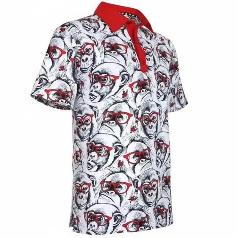 Short-sleeve shirt with monkey pattern and red accents on a white background