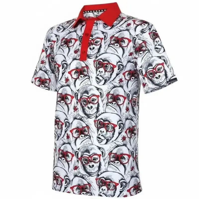 Short-sleeve golf shirt with monkey pattern and red accents