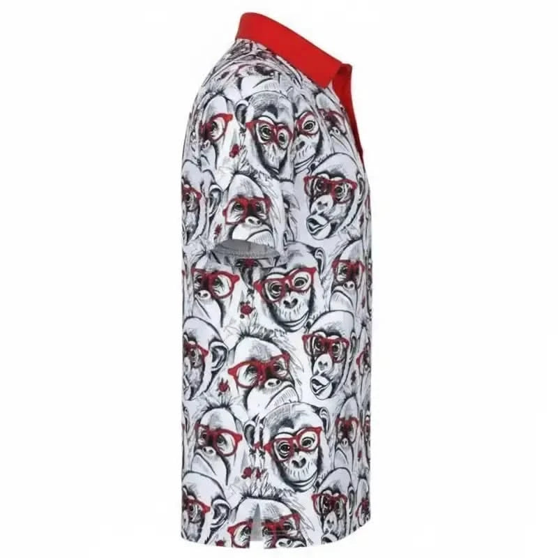 gold shirt with monkey pattern and red accents