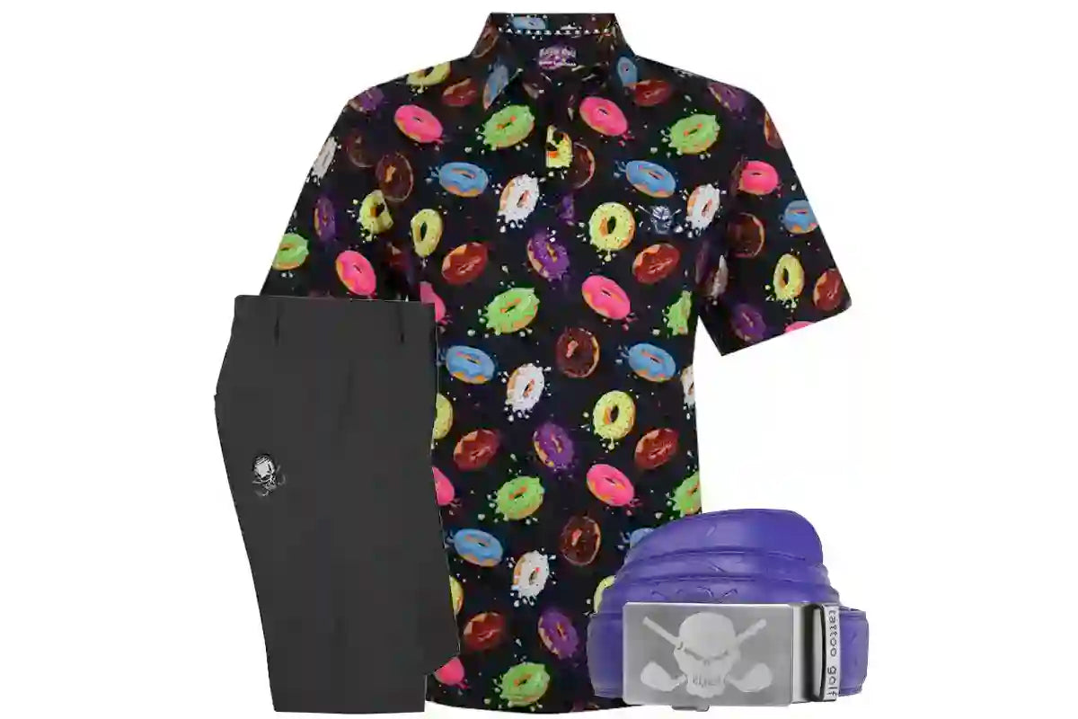 Colorful patterned golf shirt with black shorts and purple belt