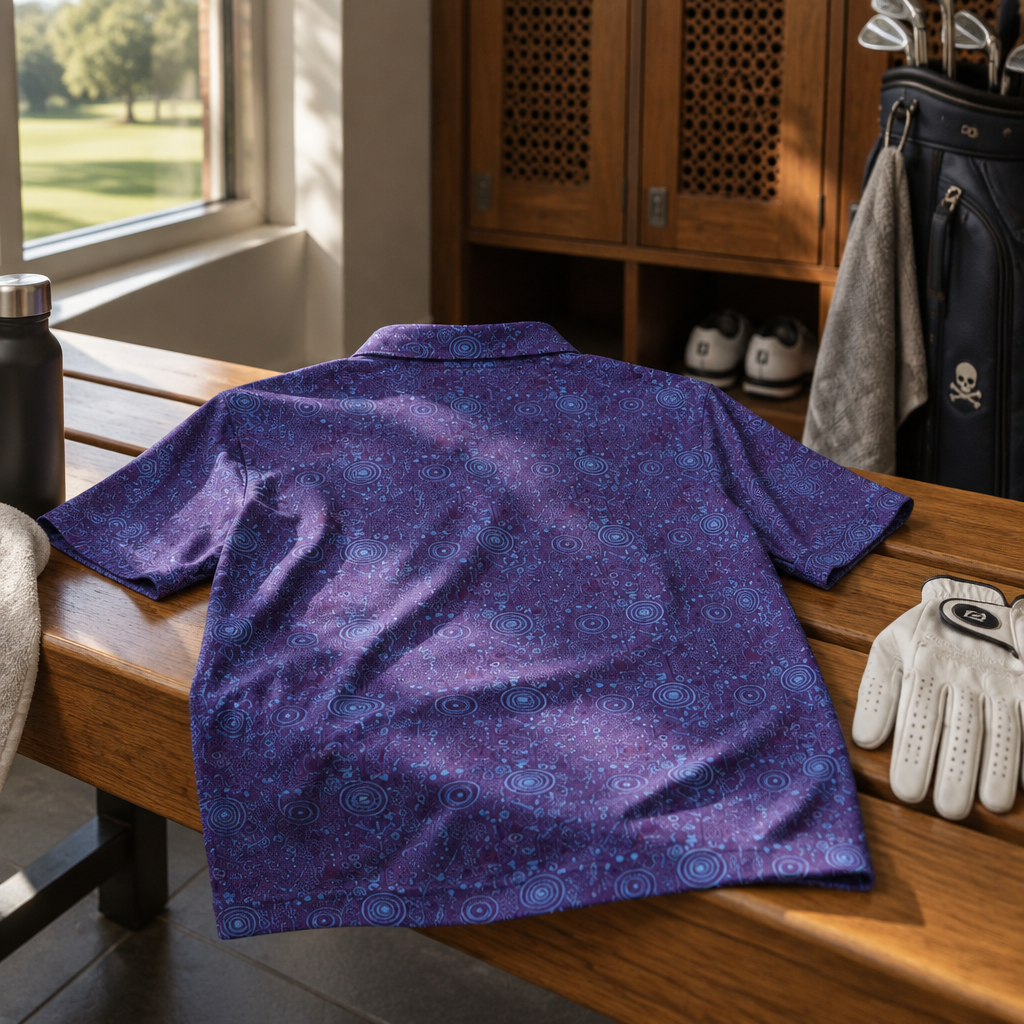 Tattoo Golf Hazard purple and blue golf polo laid on a wooden locker-room bench beside a white golf glove.