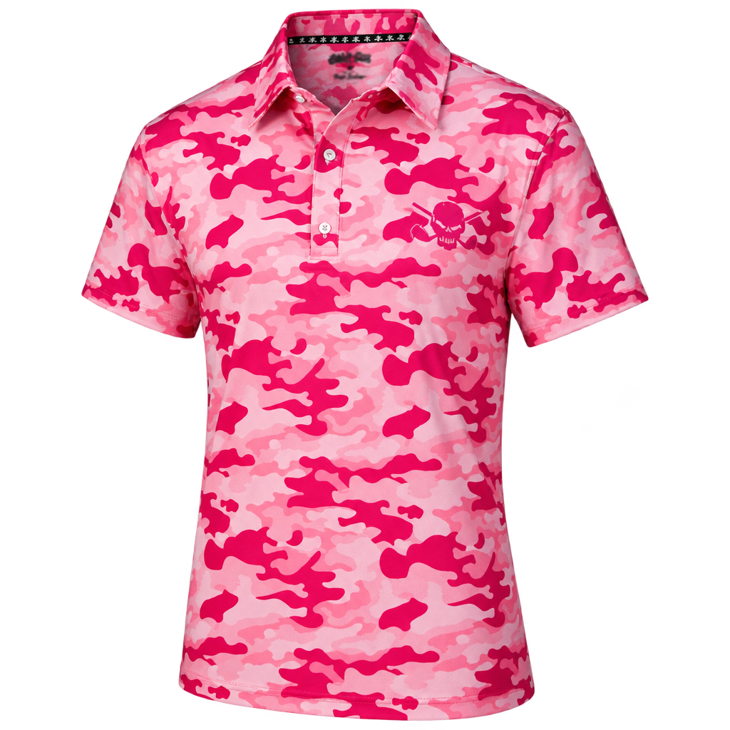 Front view of a pink camouflage polo.