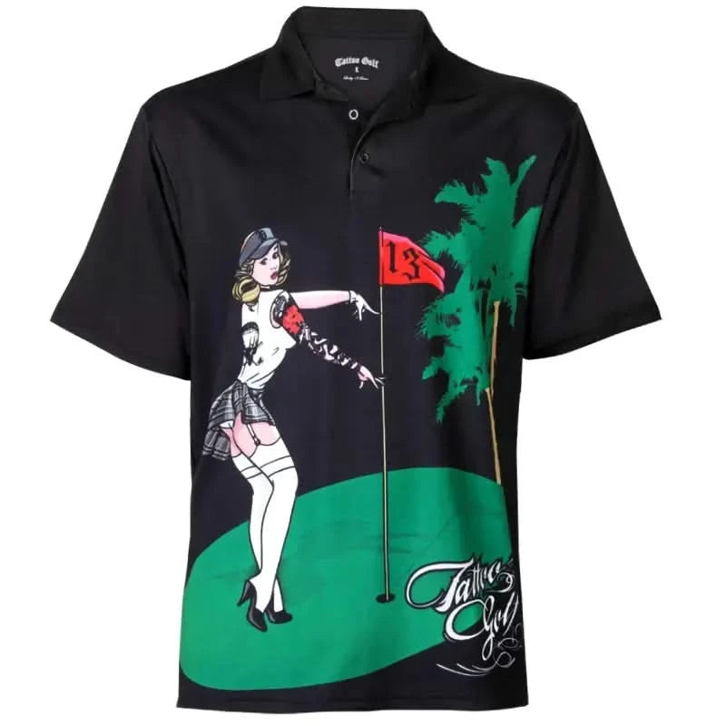 Pin High Performance Men's Golf Shirt featuring a vibrant design with a Pin Up girl and palm trees in black color.
