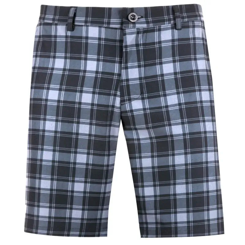 Men's golf shorts with a traditional grey plaid pattern and an embroidered skull detail. Features include a button closure on one pocket.