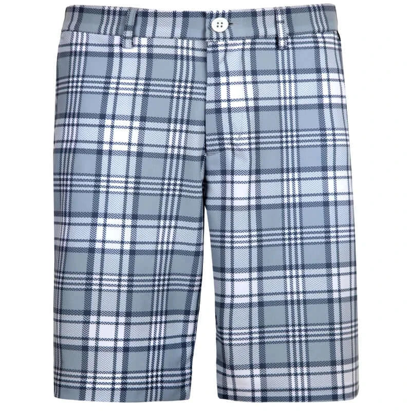 Men's grey plaid golf shorts with a button closure at the top and an embroidered skull detail.