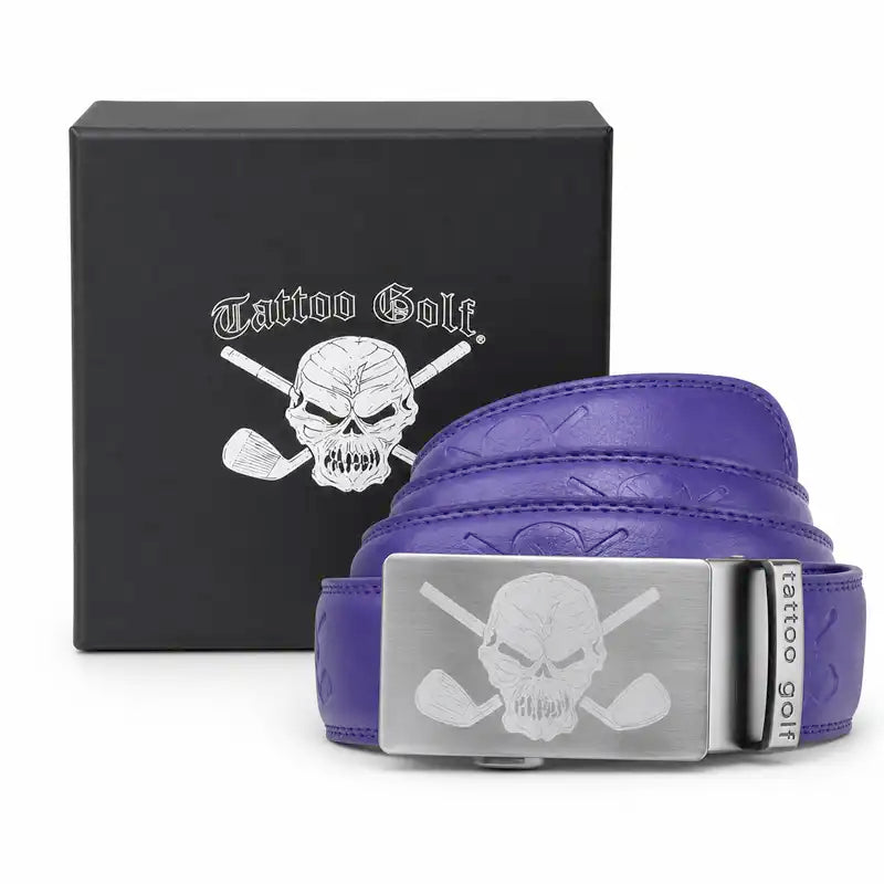 Purple ratchet golf belt with black box great for golf gifts