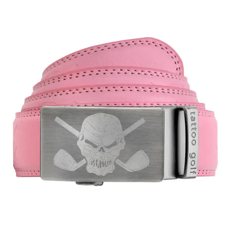 A pink leather golf belt with a brushed nickel buckle featuring a skull and crossing clubs design.