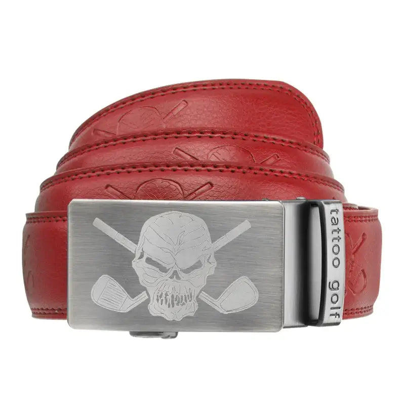 A red leather golf belt with a brushed nickel buckle featuring a skull and crossing clubs design.