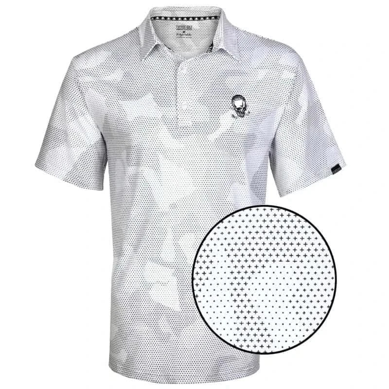 A white men's golf shirt with a camouflage pattern and an embroidered logo on the front and back, displayed on a flat surface.