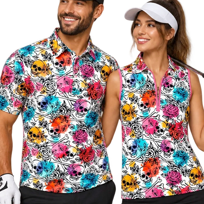 Skull & Roses Couples Matching Golf Shirts (Multicolor)