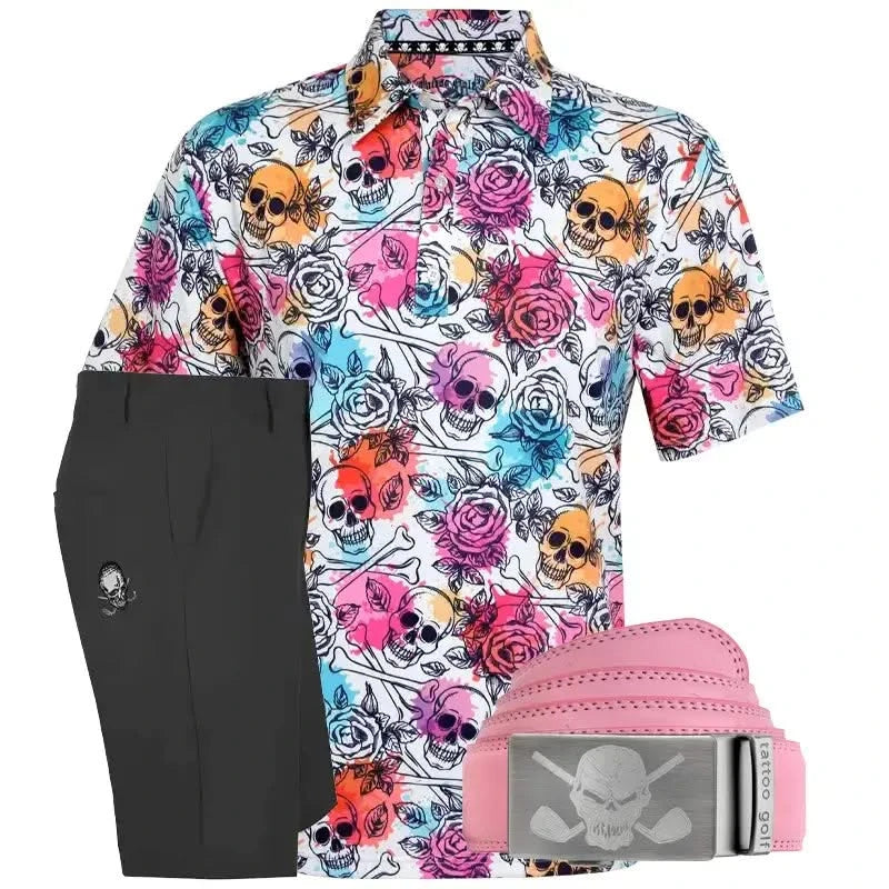 Colorful skull and rose pattern shirt with black shorts and premium leather pink belt with skull buckle