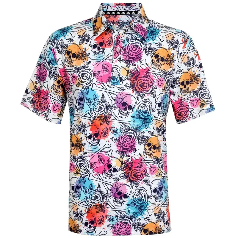 Colorful skull and roses design on a men's golf shirt
