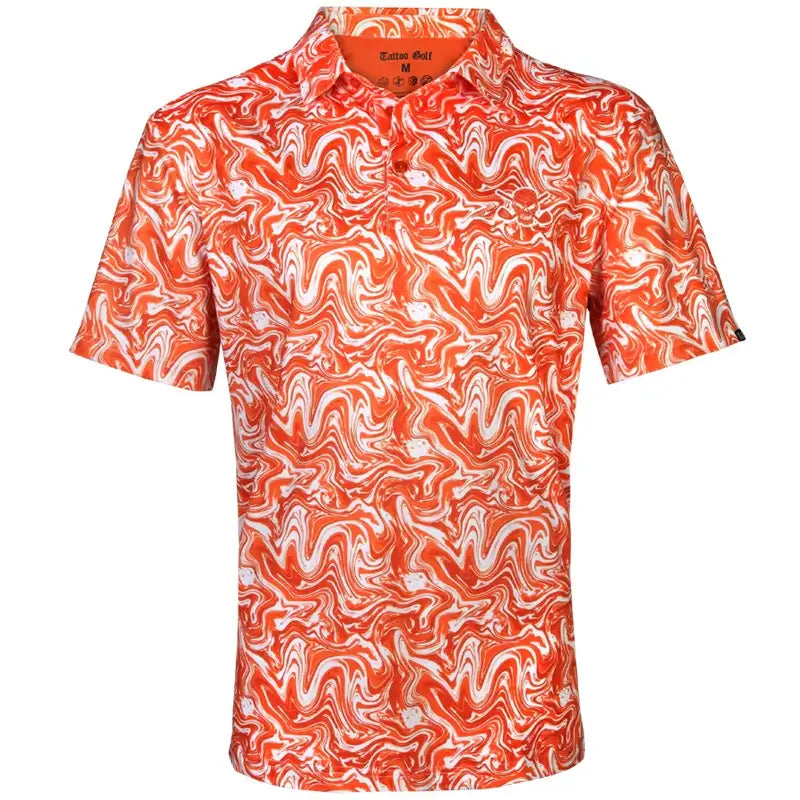 An orange and blue geometric patterned men's golf shirt displayed on a flat surface.