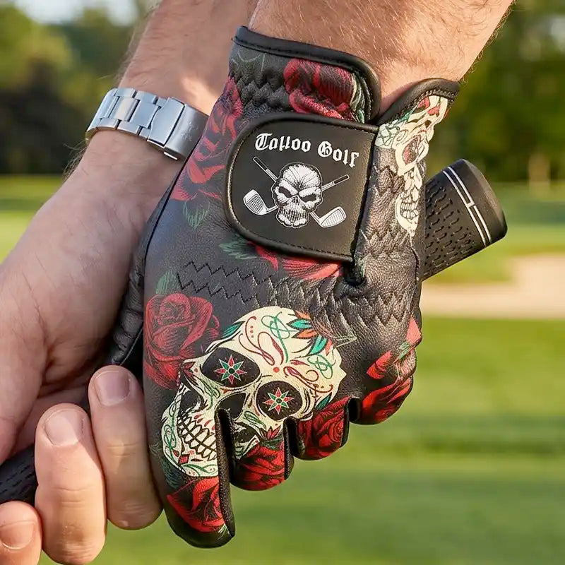 men's sugar skull golf glove on a golfer