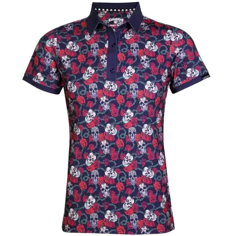A dark blue golf shirt with an all-over sugar skull print, featuring a classic three-button placket.