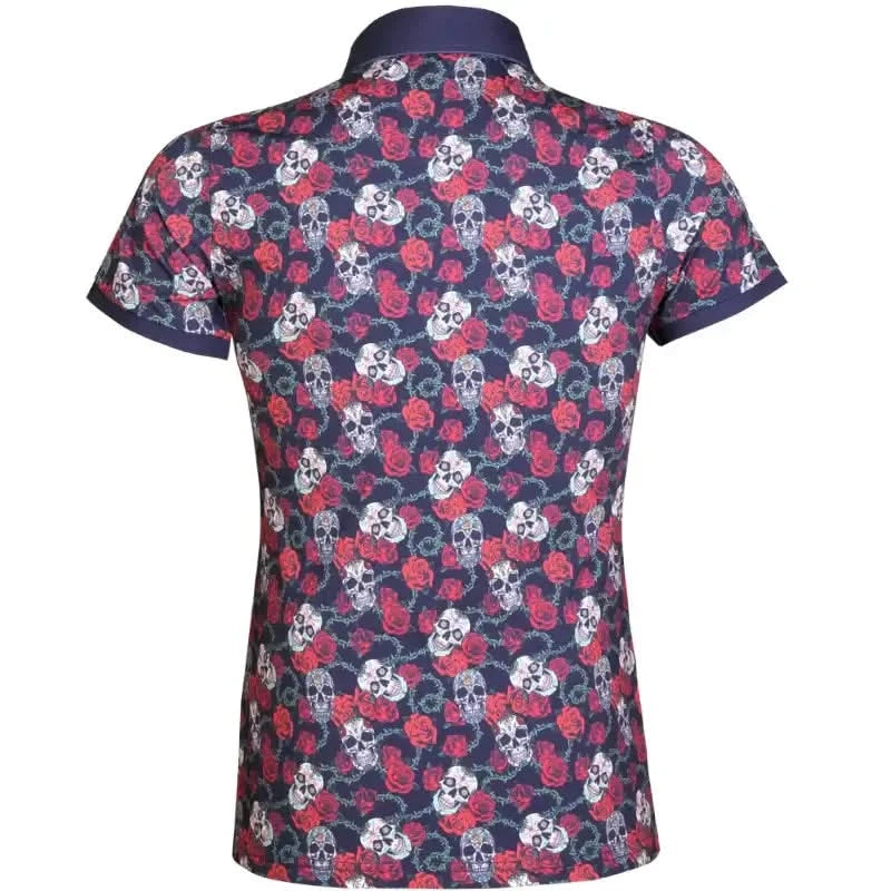 Tattoo Golf Sugar Skull women's polo in dark blue, shown from the back with its sugar skull print.
