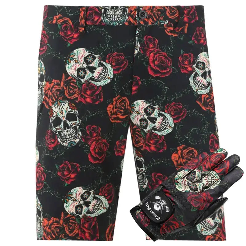 Men's golf shorts with skull and rose pattern with matching leather golf glove