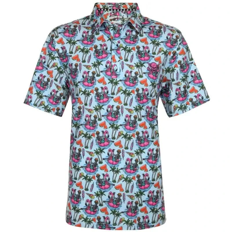 A sea blue colored men's golf shirt with a Hawaiian-themed pattern featuring skeletons, pink floaties, and tropical designs on a blue background. It has a classic 3-button placket and a self-fabric collar.