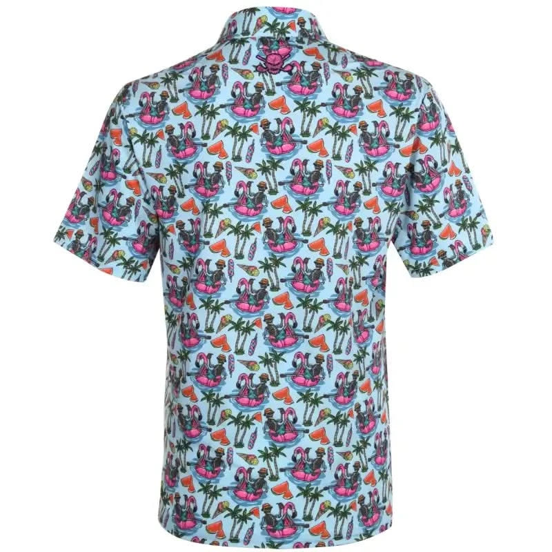 Summertime Cool-Stretch Men's Golf Shirt with playful skeletons and pink floaties, back view, sea blue background.