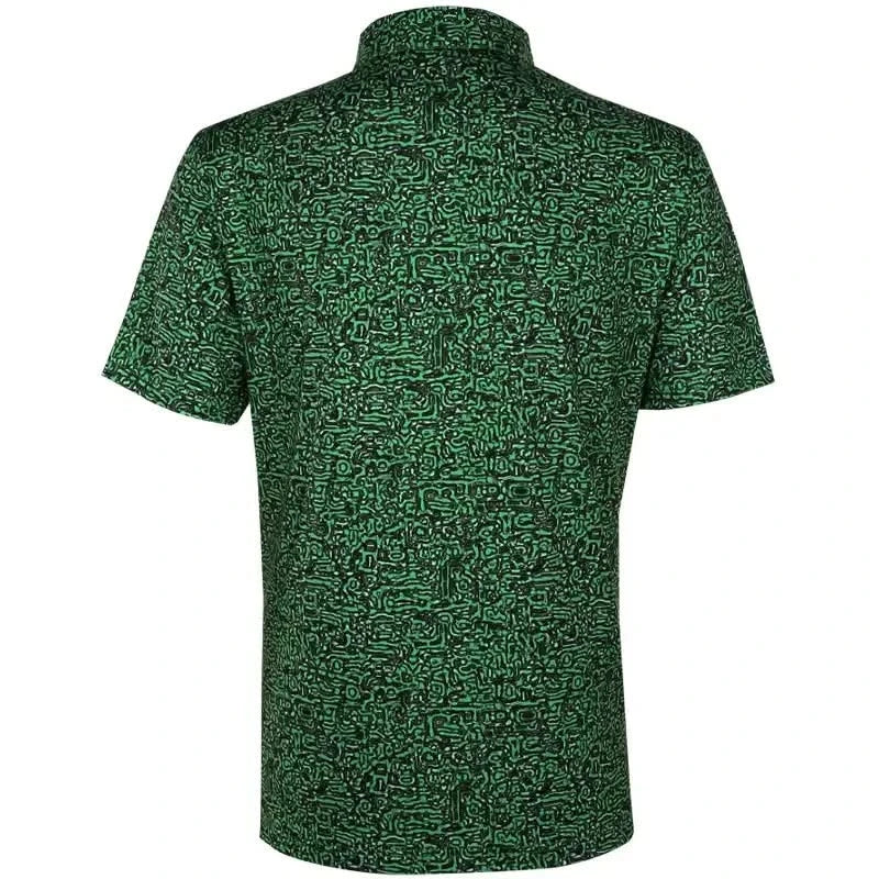 Back view of the Summertime Cool-Stretch Men's Golf Shirt in green featuring a vibrant maze pattern.