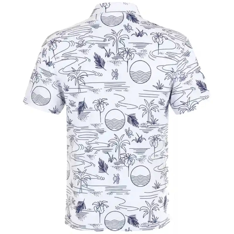 White polo golf shirt with aloha pattern