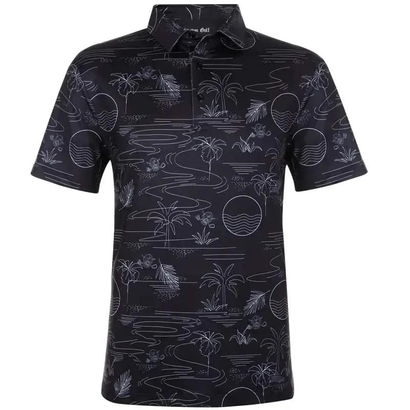 Summertime Cool-Stretch Men's Golf Shirt featuring a black palm tree design for stylish golf performance.