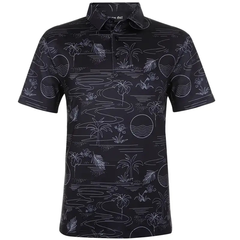 black Hawaiian themed golf shirt with skulls