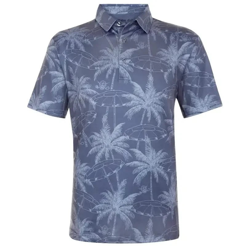 Men's Grey Summertime Cool-Stretch Men's Golf Shirt with palm tree and umbrella design.