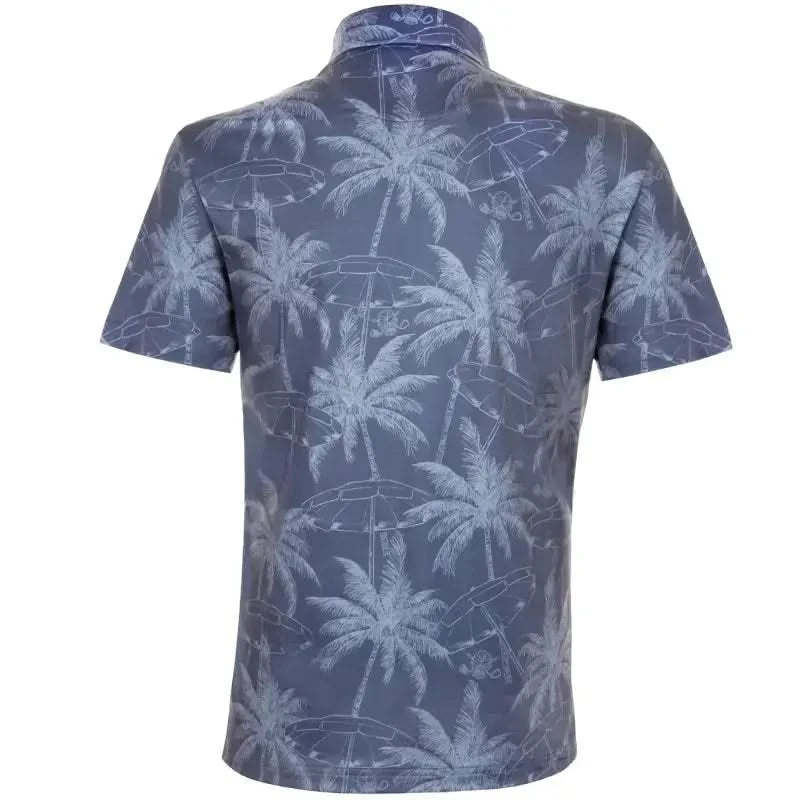 Back view of the Summertime Cool-Stretch Men's Golf Shirt featuring palm tree design in grey.