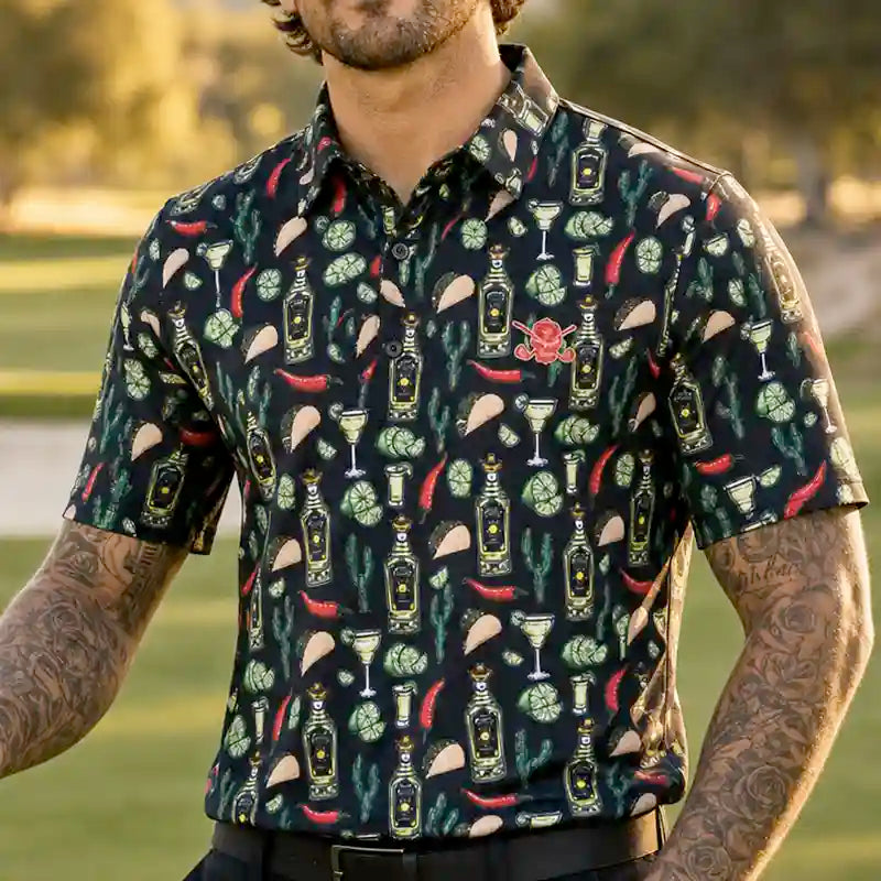 Tacos & Tequila Cool-Stretch Men's Golf Shirt - Black