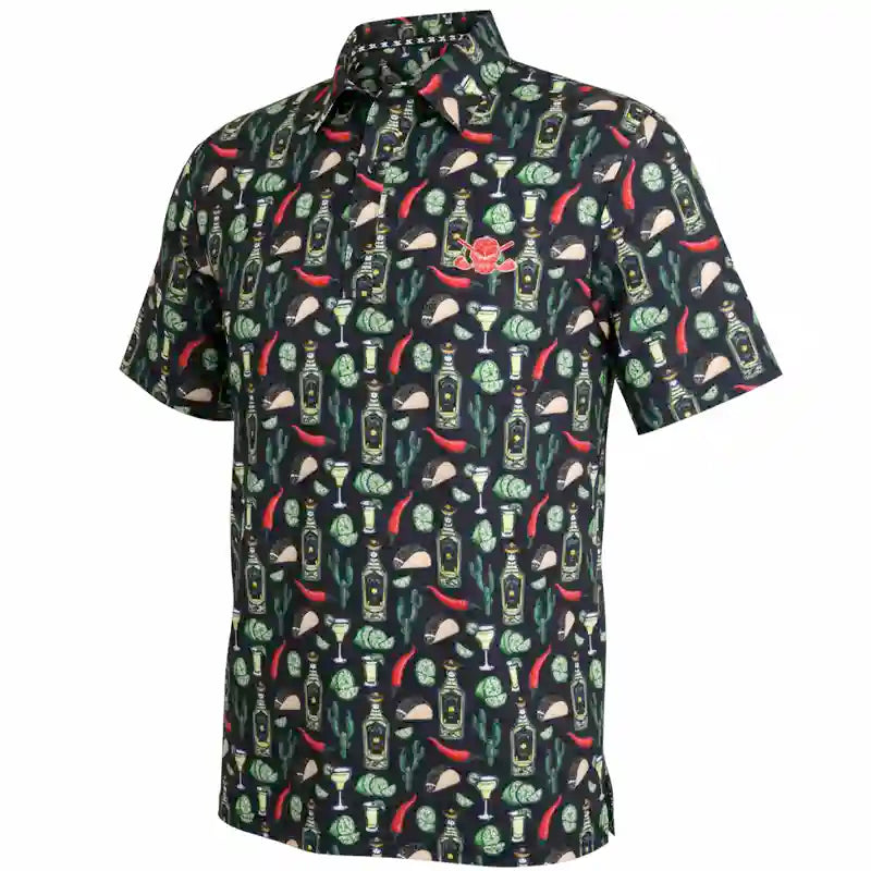 Tacos & Tequila Cool-Stretch Men's Golf Shirt - Black