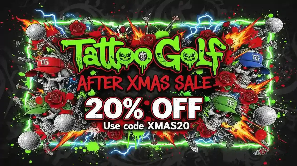 Promotional graphic for 'Tattoo Golf' after Christmas sale with colorful text and graphics.