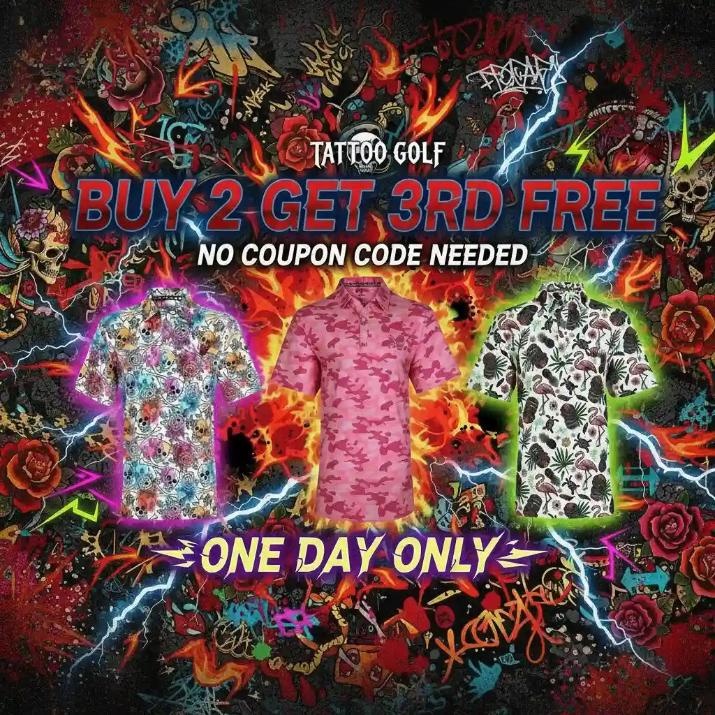 Promotional graphic for Tattoo Golf with colorful shirts and special offer text on a dark background.