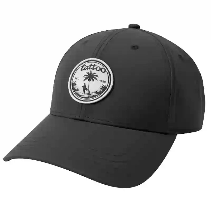 Golf hat with a circular patch logo featuring a palm tree and golfer