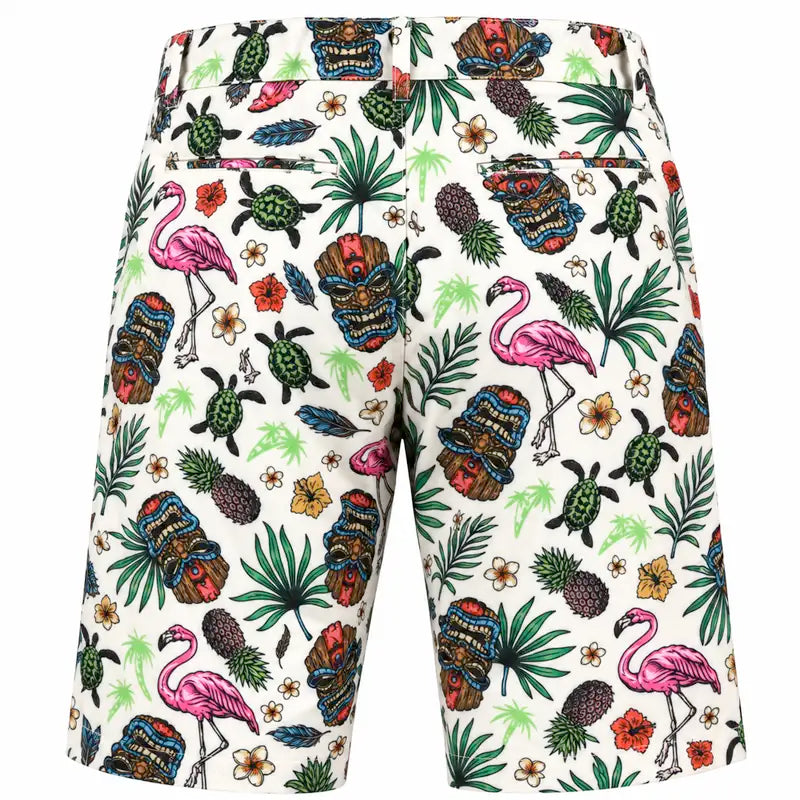 Back view of white Tiki golf shorts with colorful tropical print, two rear pockets and belt loops.
