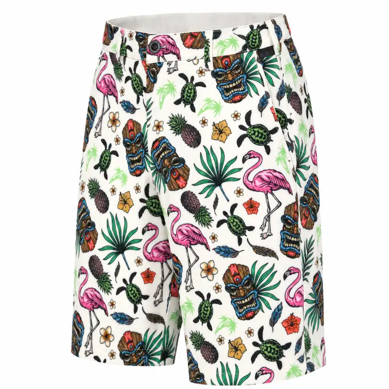 Angled front view of white Tiki golf shorts showing belt loops, a side pocket and colorful tropical print.