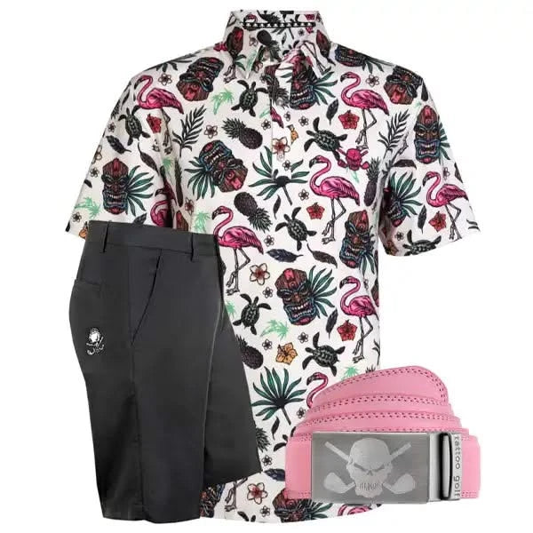 A golf shirt and shorts set with a floral and skull pattern, primarily in black, pink, and green colors, including a pink ratchet belt.