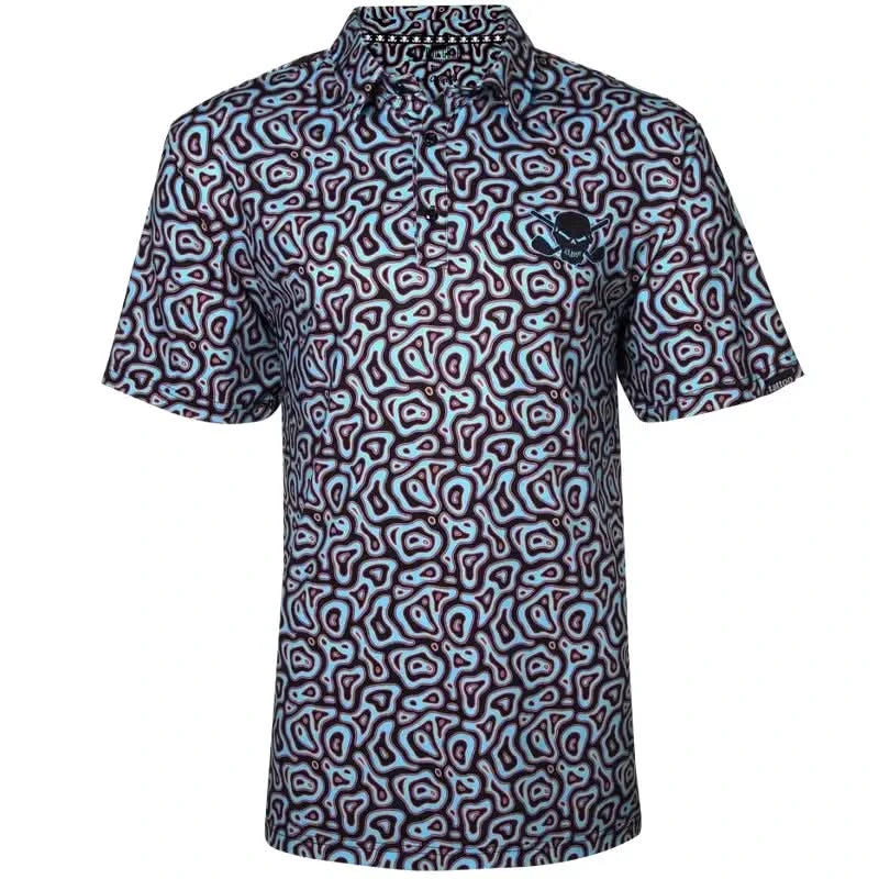 Tattoo Golf Vapor men's polo in black, shown from the front with an all-over abstract outlined pattern.
