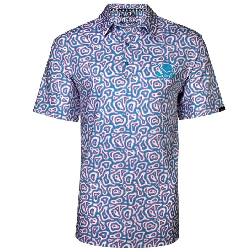 Vapor Cool-Stretch Men's Golf Shirt in blue with unique pattern and skull logo on chest.