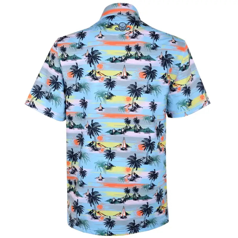 Short-sleeve golf shirt with tropical island pattern