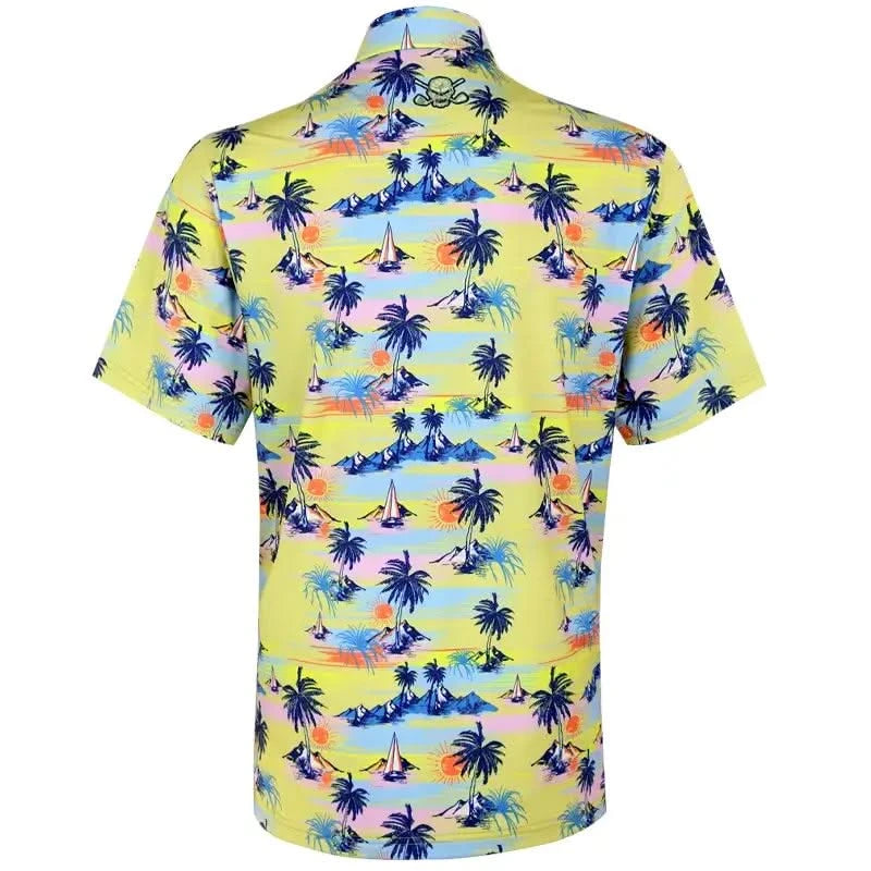 Tattoo Golf Vintage Hawaiian men's polo in yellow, shown from the back with its colorful tropical pattern.