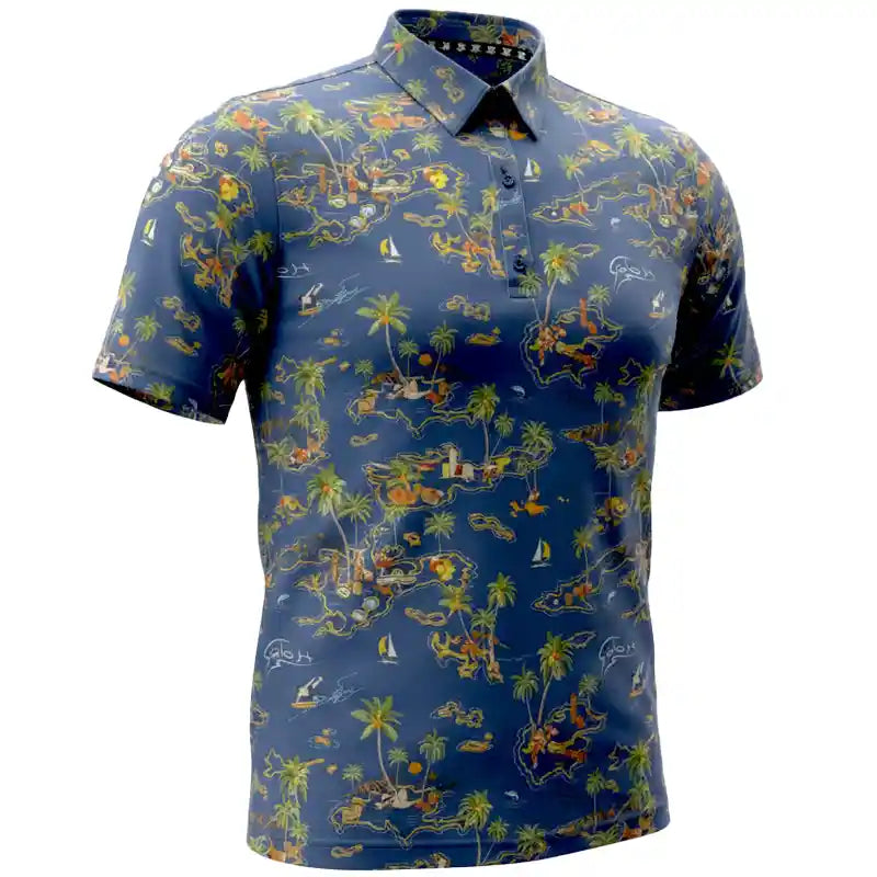 Blue short-sleeve golf shirt with tropical pattern